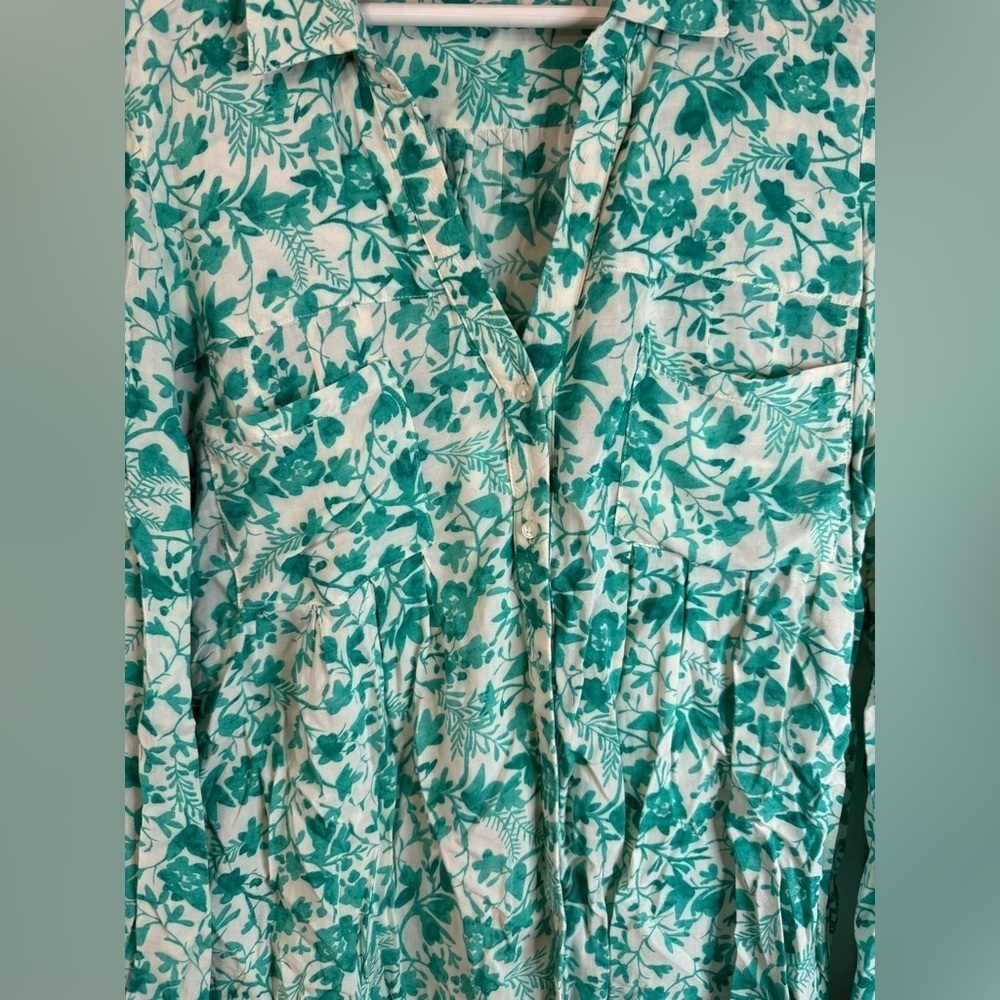 Maeve Women’s Teal & White Floral Long Sleeve Shirt - Size Small - Picture 2 of 7